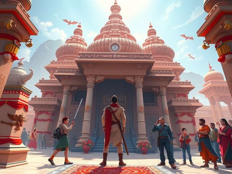 Divine Destiny main character standing before a temple